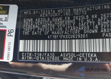 2012 Toyota Camry L from USA, damaged, VIN 4T1BF1FKXCU629201